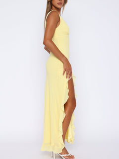 Chiffon Deep V Neckline Ruffle Slit Maxi Dress