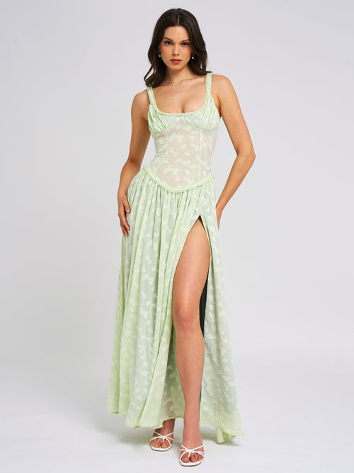 Ulissa Light Green Square Neck Jacquard Textured High Slit Maxi Dress