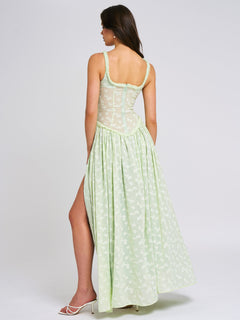 Ulissa Light Green Square Neck Jacquard Textured High Slit Maxi Dress