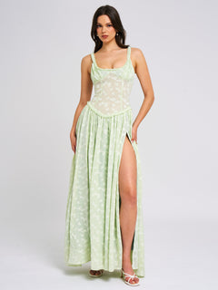 Ulissa Light Green Square Neck Jacquard Textured High Slit Maxi Dress