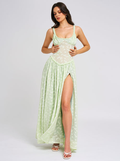 Ulissa Light Green Square Neck Jacquard Textured High Slit Maxi Dress