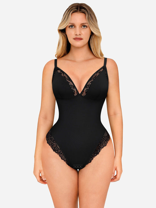 Deep V Neck Lace Thong Body Shaper