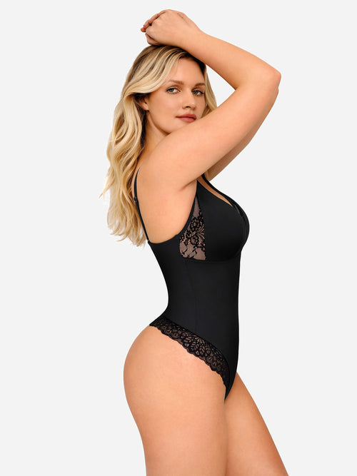 Deep V Neck Lace Thong Body Shaper