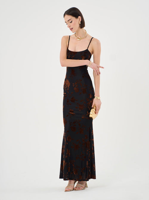 Strappy Floral Burnout Maxi Dress In Rust