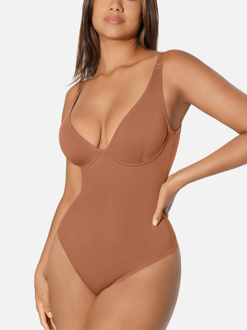 V Neck Tummy Control Thong Bodysuit