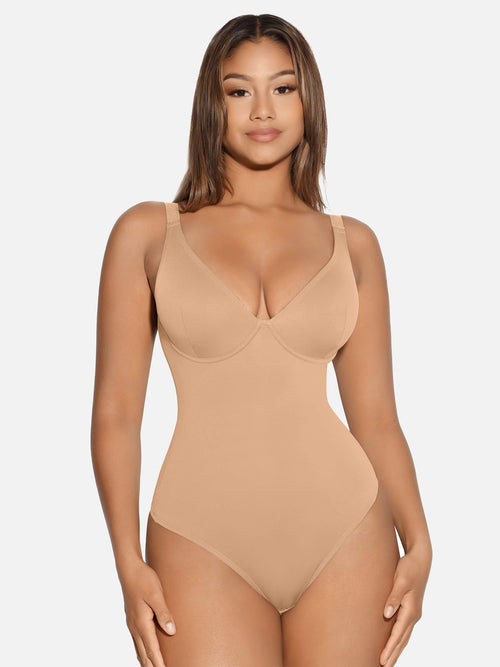 V Neck Tummy Control Thong Bodysuit