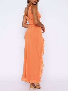 Chiffon Deep V Neckline Ruffle Slit Maxi Dress