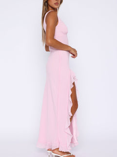 Chiffon Deep V Neckline Ruffle Slit Maxi Dress