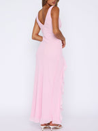 Chiffon Deep V Neckline Ruffle Slit Maxi Dress