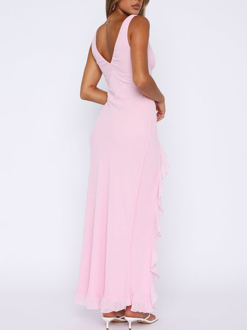 Chiffon Deep V Neckline Ruffle Slit Maxi Dress