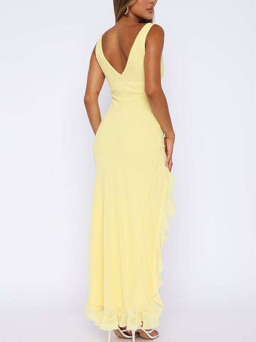 Chiffon Deep V Neckline Ruffle Slit Maxi Dress