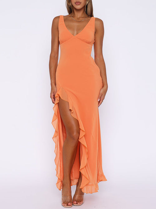 Chiffon Deep V Neckline Ruffle Slit Maxi Dress